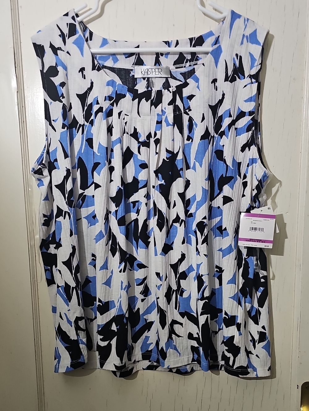 Kasper Women's Sleeveless Pleated Blouse in White, Blue & Black